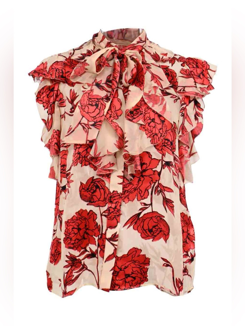Alice + Olivia Cream Blouse with Red Floral Ruffles